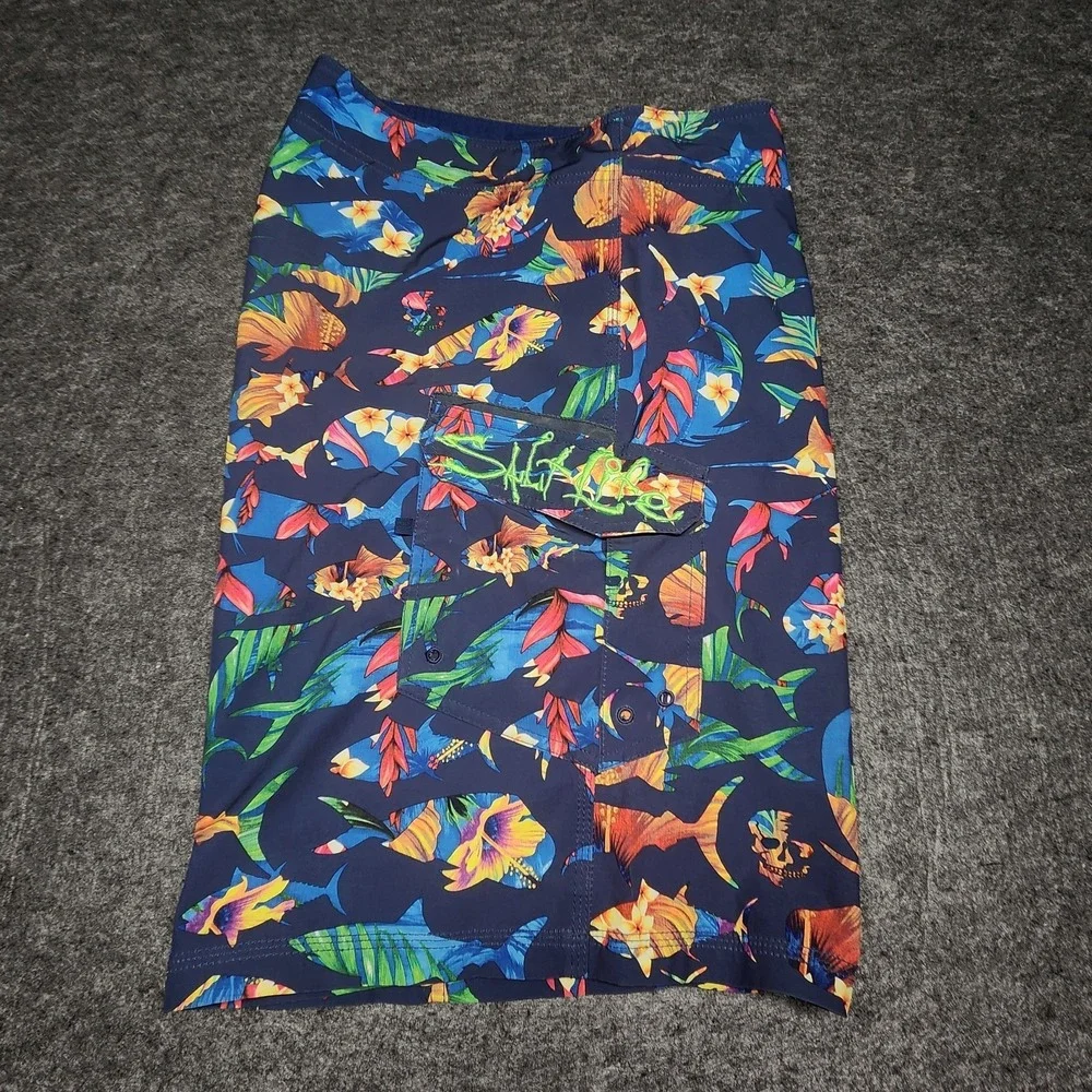 Salt Life Mens SLX-QD Vapor Stretch Cargo Board Swim Shorts Floral Fish Skull 40